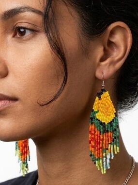 Multicolor Seed Bead Fringe Earrings - Art To Wear Long Tassel Indiegirl